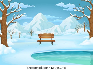 Winter day vector illustration. Wooden bench by the frozen lake with snow covered bushes and bare trees. Snowy mountains and blue sky with clouds in the background.