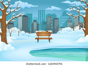 Winter day vector illustration. Wooden bench by the frozen lake with snow covered bushes and bare trees. Cityscape with skyscrapers and blue sky with clouds in the background.