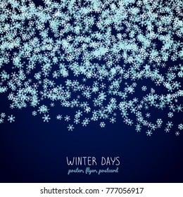 Winter days flyer. Copy space. Snowflakes in the night. Pastel colored banner in cold colors. Text frame. Falling flakes of snow. Can be used as Christmas postcard or Holiday banner.