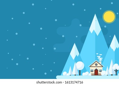 Winter daytime landscape. Houses on a background of mountains. Vector flat illustration