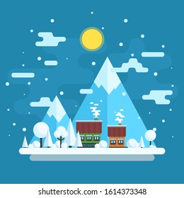 Winter daytime landscape. Houses on a background of mountains. Vector flat illustration