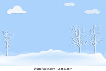 Winter daytime landscape - trees, snowdrifts, sky, clouds - art, vector. Travel Poster.