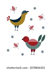 Winter, December, Birds, Scandinavian style, holiday, congratulations, forest, snow, New Year, festive decor, postcard, concept, clipart