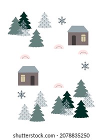 Winter, December, House,  holiday, congratulations, forest, snow, New Year, festive decor, postcard, concept, clipart