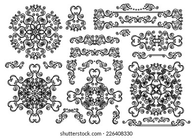 Winter decor big set.Swirl Border,mandala, frame with snowflake.Decor elements to create a new snowflakes. Easy to edit