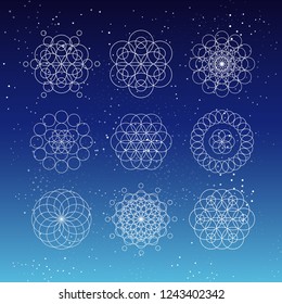 Winter decor. Circle shapes. Mandalas set. Linear circle patterns on starry night sky. Vector design elements.