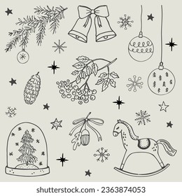Winter decor doodle hand drawn ink vector illustration in minimalist style. Set with holiday toys, spruce branch,snowflakes, Christmas decorations for congratulations, design, card, print, boho style