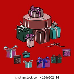 Winter decor for the holiday. New Year's and Christmas. Christmas tree, Santa Claus, bear, snowman, boxes with gifts. Vector isolated images.