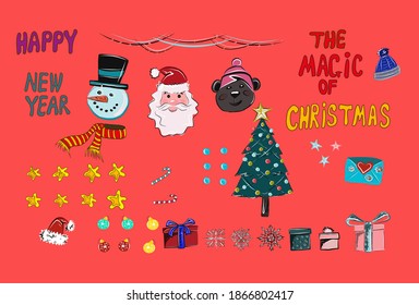 Decoración de invierno para las vacaciones. Año Nuevo y Navidad. Árbol de Navidad, Santa Claus, oso, muñeco de nieve, cajas con regalos. Imágenes aisladas por vectores.