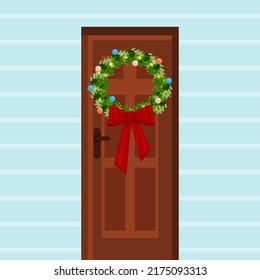 Decoración de invierno en la puerta principal. Una hermosa corona de invierno está colgada en la puerta delantera. Ilustración vectorial.