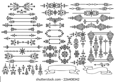 Winter decor set.Swirl Border,Snowflakes, frame.Decor elements.Winter doodles vector