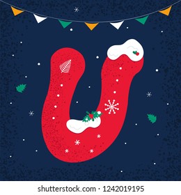 Winter Decorated Alphabet. Snow holiday letter U