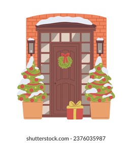 Winter decorated door, vector illustration on white background. Entrance to the house is decorated for New Year's, brick wall, wreath on a wooden door and Christmas trees. Flat cartoon style.