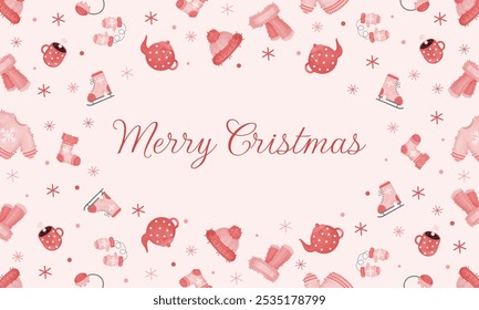 Winter decoration border frame. Winter pink clothes frame on beige background. Christmas greeting card. Watercolour set. Vector illustration.