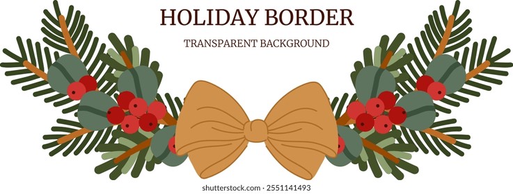 Winter decoration, ornament with fir, pine branch and tied ribbon. Christmas holiday decor, winter garland for design card, banner, invitation. Vector flat illustration isolated