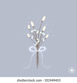 Winter decoration with pretty bouquet of flowers in pastel colors with ribbon
