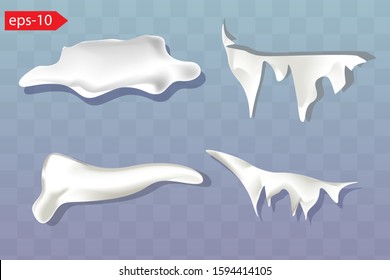 Winter decoration set with snow caps with trailing icicles and  in a large assortment of shapes and sizes on a blue background for use as design elements, vector illustration.