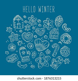 Winter decoration. Snowflakes, stars, cookies, gingerbread house set. Doodle winter patterns
