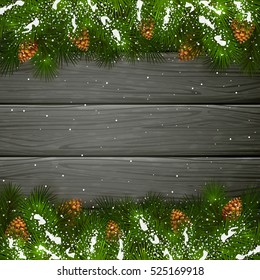 Winter decorations, Christmas theme with pinecone, decorative spruce branches with pine cones and snow on a black wooden background, illustration.