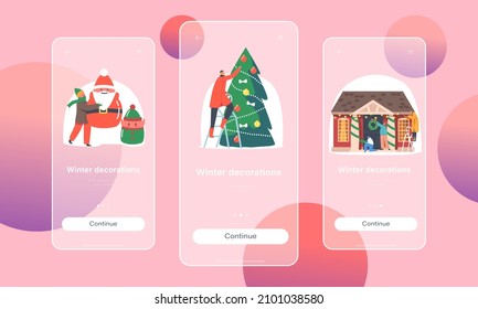 Winterdekorationen Mobile App Page Onboard Screen Template. Herzlichen Glückwunsch zu Weihnachten. Eltern und Kinder haben einen festlichen Kranz an der Haustür. Vektorgrafik von Cartoon People