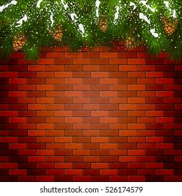 Winter decorations with pinecone and snow, Christmas decorative spruce branches and pine cones on a brick wall background, illustration.