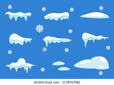 Winter decorations. Set of Isolated snow cap. Vector template in cartoon style for your design. Snowfall and snowflakes in motion.