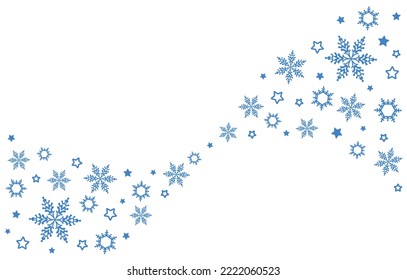Fondo decorativo invernal con copos de nieve, olas, nieve, estrellas. Patrón decorativo de Navidad. Bella caída azul y copos de nieve volando sobre un fondo blanco. Silueta aislada. Vector 
