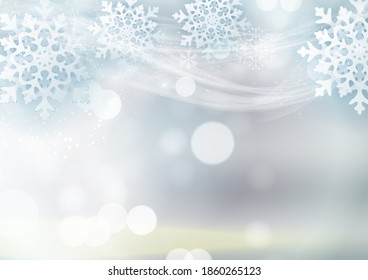 Winter decorative background template with snow, snowflakes and wind. Vector Illustration EPS10
