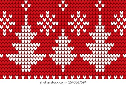 Winter decorative background vector. Holiday white ornament of trees on red canvas. Xmas sweater with embroidery of snowflakes and firs. Christmas and New Year celebration postcard, illustration