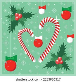 Winter decorative Christmas background, vector illustration, seasonal symbols doodle card, candy cane, toys and mistletoe in traditional colors.