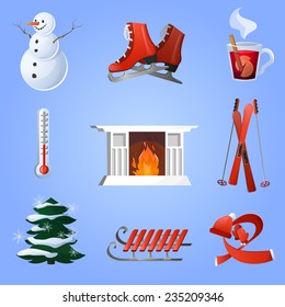 Winter decorative icons set with ski mulled wine cup christmas tree isolated vector illustration