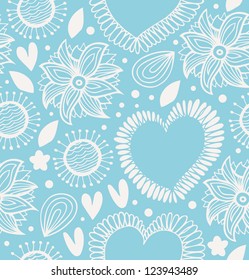 Winter decorative seamless pattern. Cute background with hearts and flowers. Fabric ornate texture for wallpapers, prints, crafts, textile