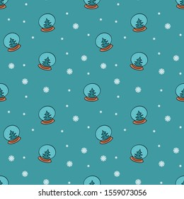 Winterdekoratives, nahtloses Muster mit Schneeglobe und Schneeflocken auf grünem Hintergrund. Vektorgrafik.