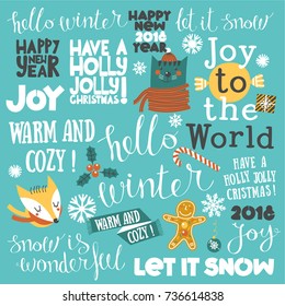 Winter decorative set - festive text and funny pictures. Elements for your design.