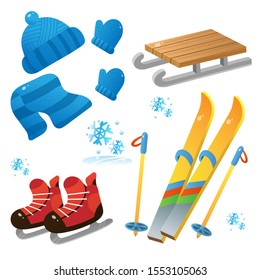 Winter decorative set for kids. Ski and skates. Wood sledge. Cap. Mittens. Scarf. Winter clothes. Winter leisure activities.