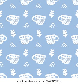 Winter decorative tea cups doodles seamless pattern.  Scandinavian style. Congratulation card, wrapping paper background, festive banner, poster design. Vector illustration.