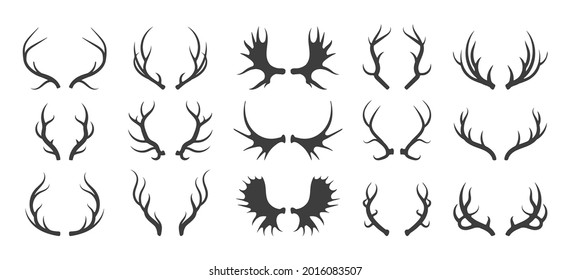 Winter deer antlers. Deers and elks horns isolated on white background, wild wood reindeer horny antler set for norway tribal or christmas stylized image