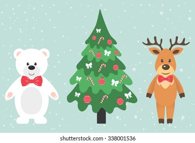 winter deer and winter bear and fir-tree