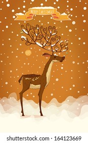 Winter deer with branched horns on a yellow background.