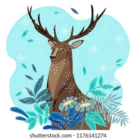 Winter deer cartoon character Vector illustration. icon template