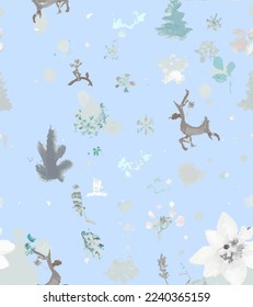 Winter deer Christmas happy new year merry christmas illustration nutscracker and soft green ice, snowflake illustration watercolor draw silhouettes trees, Christmas tree Seamless pattern , decorative