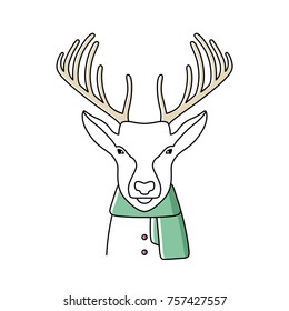 Winter deer dressed with warm clothes and scarf. Line art vector illustration isolated on white background