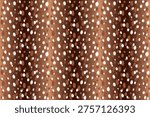 Winter deer fawn fur pattern. Seamless brown background with white spots. Wild animal skin texture for seasonal design.