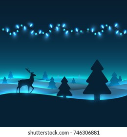 Winter with deer forest in paper cut trendy craft cartoon style. Christmas, new year modern design for advertising, branding background greeting card, cover, poster, banner. Vector illustration.