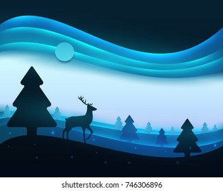 Winter with deer forest in paper cut trendy craft cartoon style. Christmas, new year modern design for advertising, branding background greeting card, cover, poster, banner. Vector illustration.
