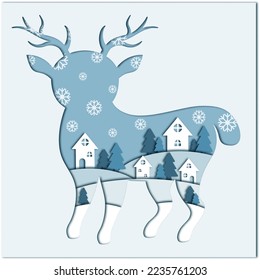Venado de invierno con efecto de corte de papel sobre un fondo azul
