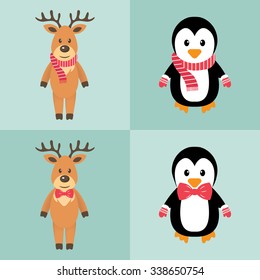 winter deer and penguin set