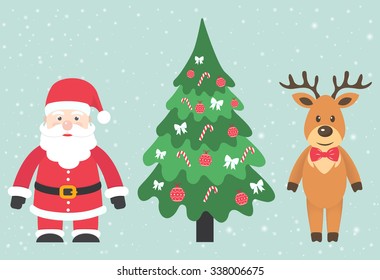 winter deer and santa claus and fir-tree