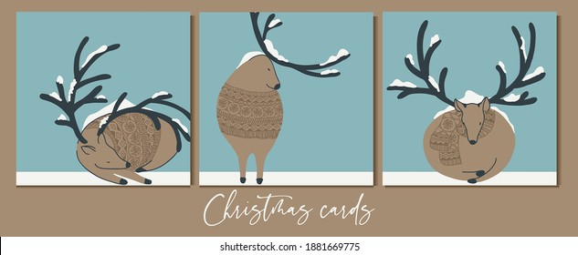 
Winter deer in a sweater. Christmas, cute card. Fat  forest animals. Holiday illustration. snowy winter.