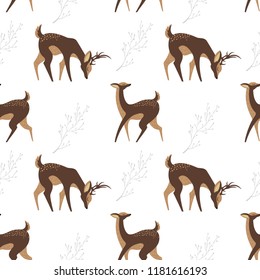 Winter deer with tree branch, elegant seamless pattern. Vector illustrations in flat art technique.